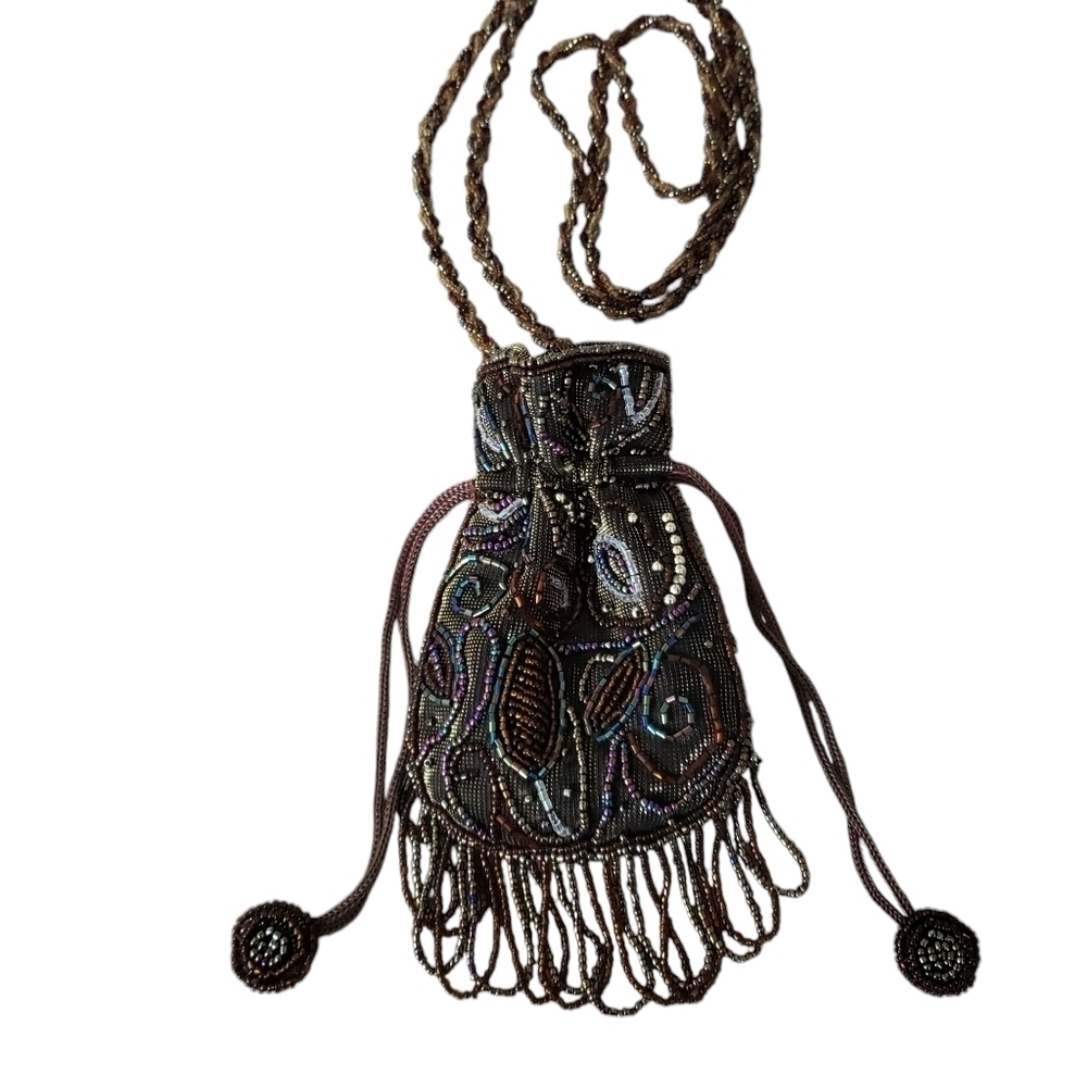 Handmade Beaded Mini Bag Drawstring Closure Braded Strap Micro Beads